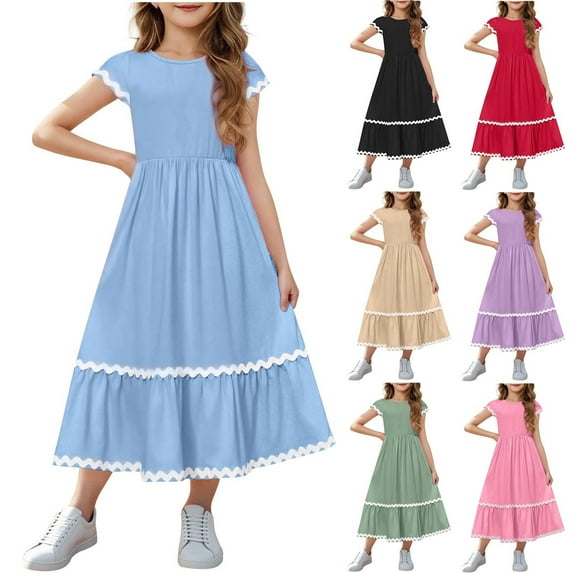 MKOSPLRT Maxi Dresses for Girl 5-15 Years Short Sleeve Crew Neck Wedding Dresses Ruffle Party A Line Dresses with Pockets