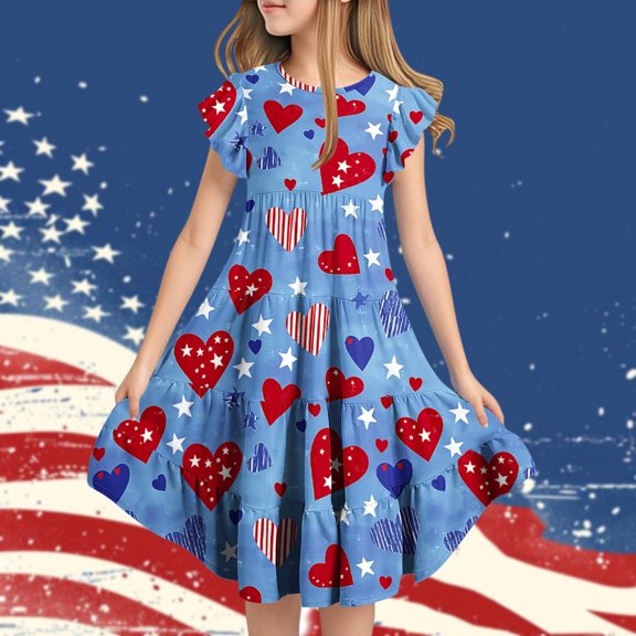 MKOSPLRT Midi Dresses for Girl Independence Day Ruffle Sleeve Tiered Dress American Flag Graphic Swing Dress Patriotic Beach Dresses