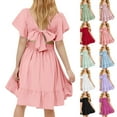 thumbnail image 1 of MKOSPLRT Off Shoulder Dresses for Girl Ruffle Sleeve Tie Back A Line Dress Solid Smocked Casual Mini Dress Flowy Beach Party Dresses, 1 of 9
