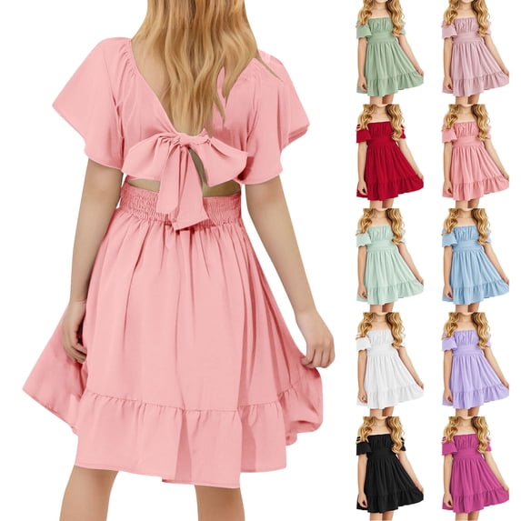 MKOSPLRT Off Shoulder Dresses for Girl Ruffle Sleeve Tie Back A Line Dress Solid Smocked Casual Mini Dress Flowy Beach Party Dresses