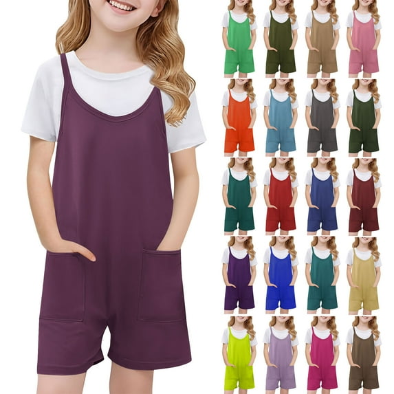 MKOSPLRT One Piece Jumpsuits for Girl 5-14 Years Solid Spaghetti Strap Romper Shorts Casual Baggy Wide Leg Jumpers Beach Vacation Rompers with Pocket