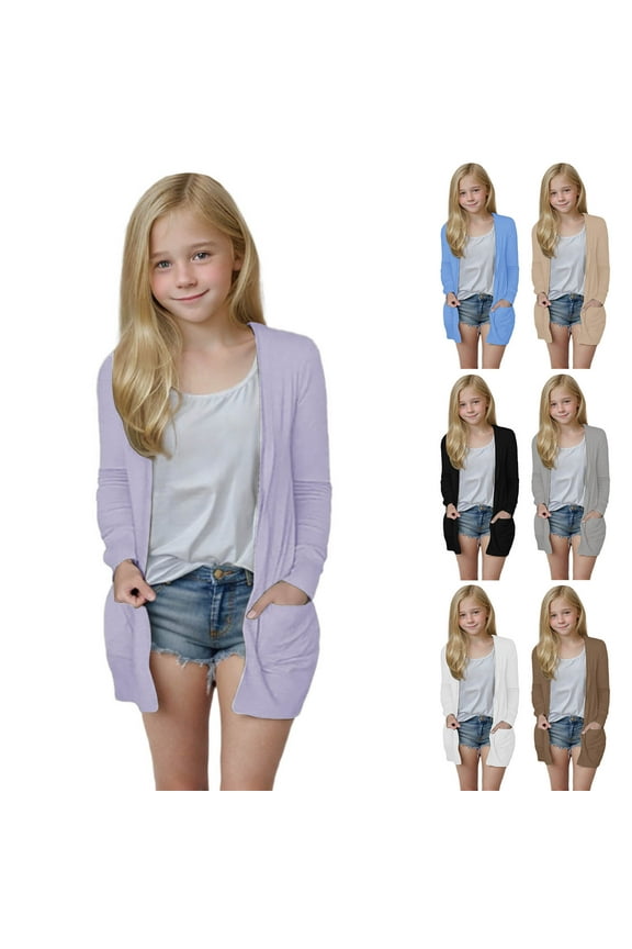 Open Frint Cardigans for Girl 5-14Y Long Sleeve Knit Sweater Cardigans Solid Lightweight Draped Long Cardigans with Pocket