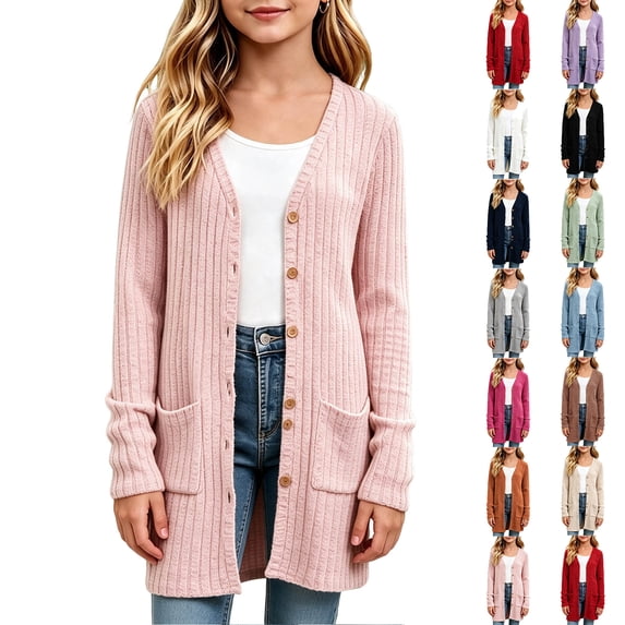 MKOSPLRT Open Front Long Cardigan Girls Button V Neck Long Sleeve Ribbed Knit Jackets Lightweight Soft Outerwear with Pocket 5-16 Years