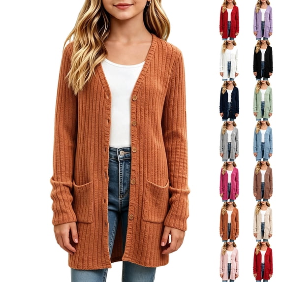 MKOSPLRT Open Front Long Cardigan Girls Button V Neck Long Sleeve Ribbed Knit Jackets Lightweight Soft Outerwear with Pocket 5-16 Years