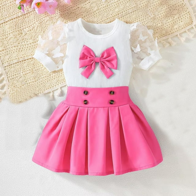 MKOSPLRT Outfits for Girl 2 Piece Sets Mesh Puff Short Sleeve Tops High Waist Button Pleated Skirts Color Block Flowy Sets for 2-8Y