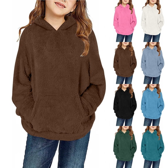 MKOSPLRT Oversized Fuzzy Fleece Hoodies Girls 4-14Y Warm Long Sleeve Drop Shoulder Pullover Solid Fall Sweatshirts with Pockets