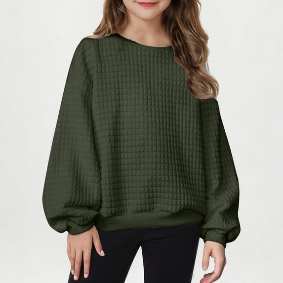 MKOSPLRT Oversized Pullover Tops for Girl Lantern Long Sleeve Casual T Shirts Round Neck Drop Shoulder Shirts Solid Loose Blouses