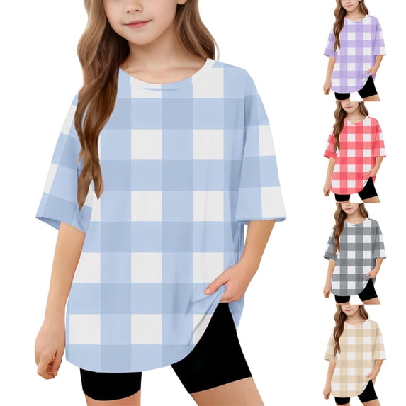 MKOSPLRT Oversized Shirts for Girls 5-15 Years Short Sleeve Plaid Shirts Crew Neck Lightweight Tshirts Loose Fit Tees Summer Drop Shoulder Tops