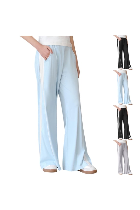 Palazzo Pants for Kid Elastic Waist Baggy Bell Bottom Pants Color Block Split Hem Bootcut Pants with Pocket 4-14 Years