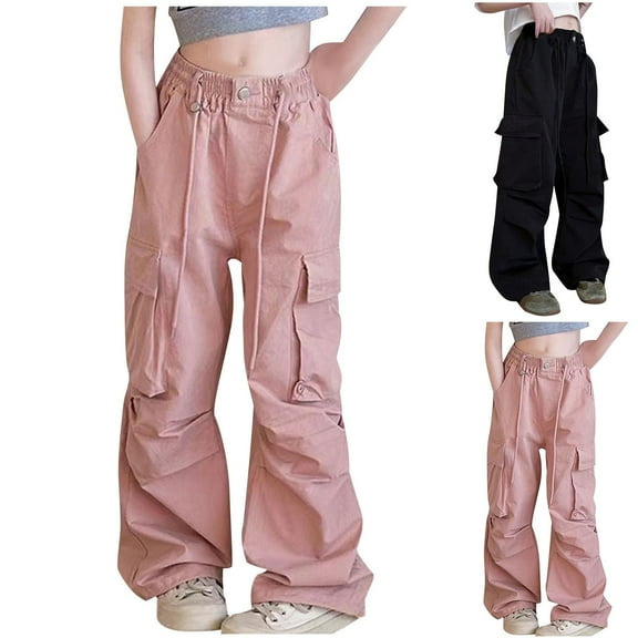 MKOSPLRT Parachute Pants for Girls Y2K Cargo Trousers 5-16Y Drawstring High Waist Baggy Straight Wide Leg Pants with Pocket