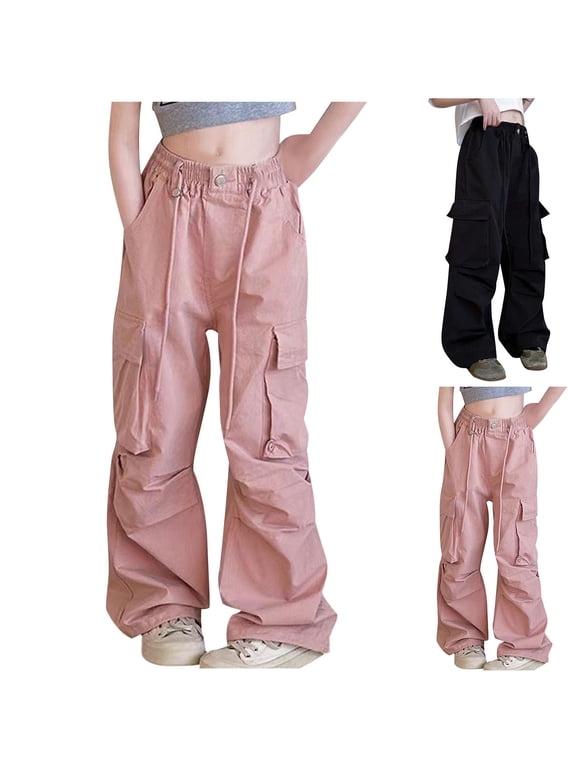 Parachute Pants for Girls Y2K Cargo Trousers 5-16Y High Waist Baggy Straight Wide Leg Pants with Pocket