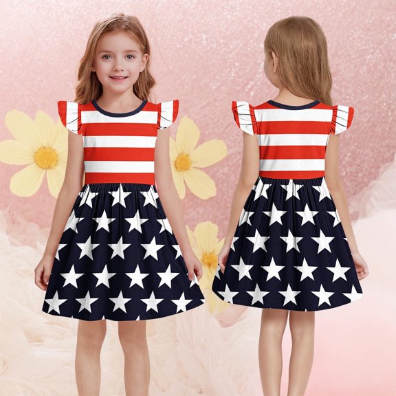 MKOSPLRT Patriotic Girls' Ruffled Dress 3-14 Years Flying Sleeve Stars Striped Midi Dress Summer Casual Independence Day Party Dresses
