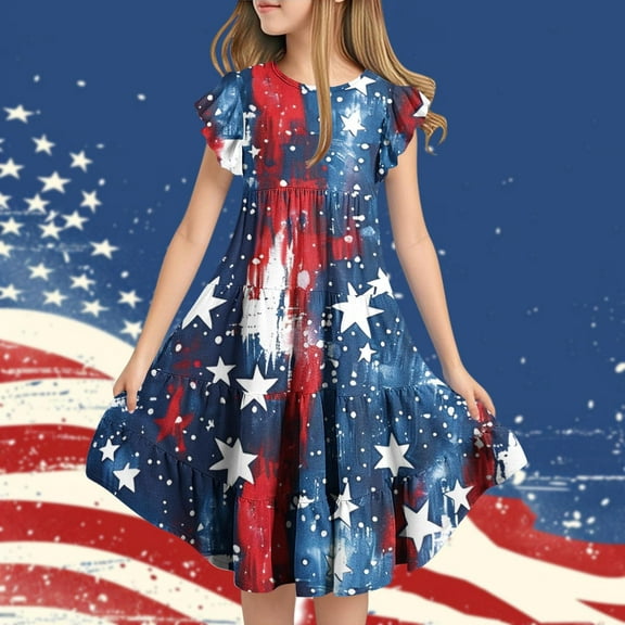 MKOSPLRT Patriotic Girls' Ruffled Dress 6-15 Years Short Sleeve Swing Tiered Dress Vintage Independence Day Graphic Midi Dress Kids Clothes