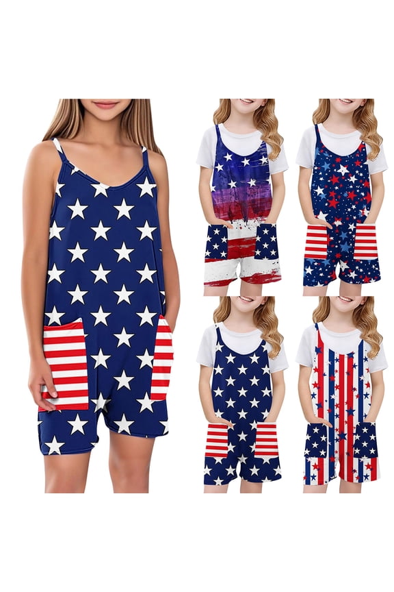 Patriotic Overalls for Girl 5-14Y Stars Striped American Flag Jumpsuits Shorts Lightweight Summer Spaghetti Strap Rompers with Pocket