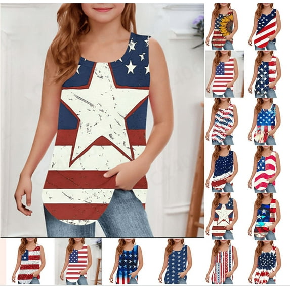MKOSPLRT Patriotic Tank Tops for Girl 5-14 Years Sleeveless Scoop Neck 4th of July Tanks American Flag Shirts Kids Memorial Day Gifts