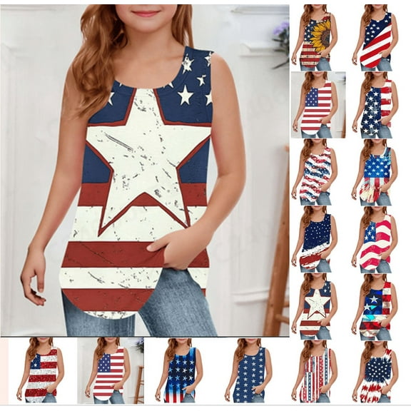 MKOSPLRT Patriotic Tank Tops for Girl 5-14 Years Sleeveless Scoop Neck 4th of July Tanks American Flag Shirts Kids Memorial Day Gifts