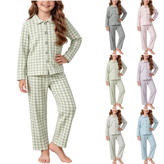 MKOSPLRT Plaid Pajamas Sets 3-16 Years Long Sleeve Button Down 2 Pieces Nightwear Shirt Pjs Bottoms Soft Lounge Set Sleepwear with Pocket