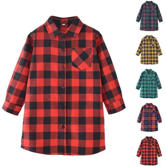MKOSPLRT Plaid Shirts for Kids 2-13Y Long Sleeve Gingham Button Down Shirts Oversized Lapel Collar T Shirts with Pocket for Girl Boy