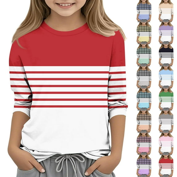 MKOSPLRT Plaid Tops for Kid 3-14 Years Girls 3/4 Sleeve Shirts Crew Neck Loose Fit T Shirts Funny Striped Color Block Tees Gift for Kid