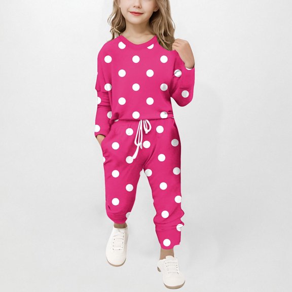 MKOSPLRT Polka Dot Outfits for Kid Girls Lounge Sweatsuits Two Piece Long Sleeve Shirts Wasit Joggers Loose Tracksuits with Pocket