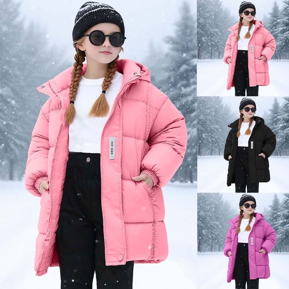 MKOSPLRT Puffer Coats for Girl 2-12Y Warm Long Down Winter Coats Solid Hooded Quilted Jackets Full Zip Thick Overcoat with Pocket