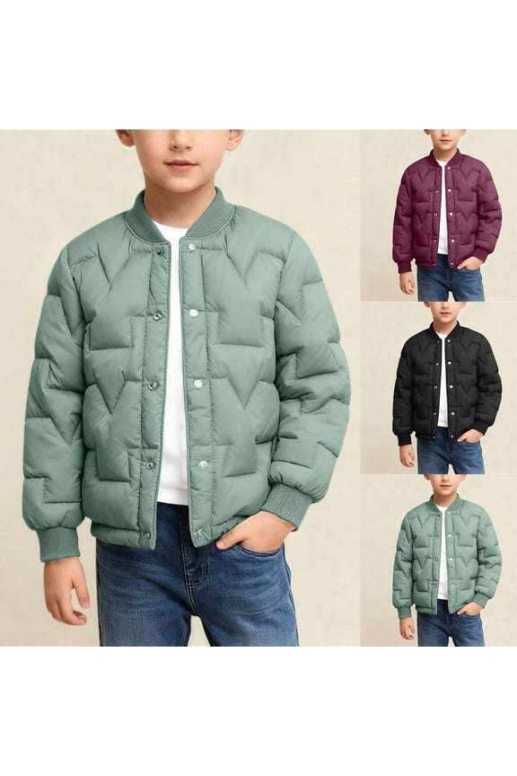 Quilted Bomber Jackets for Boy 5-15Y Full Zip Puffer Coats Solid Lightweight Jacket Coats Long Sleeve Warm Outwear with Pocket