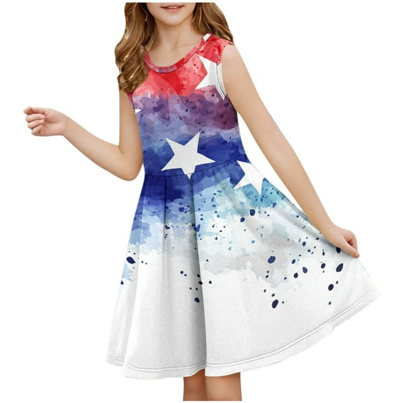 MKOSPLRT Red White Blue Girls' Party Dress 3-14 Years Sleeveless Crew Neck Swing A Line Dress Funny 4th of July Midi Tank Dresses