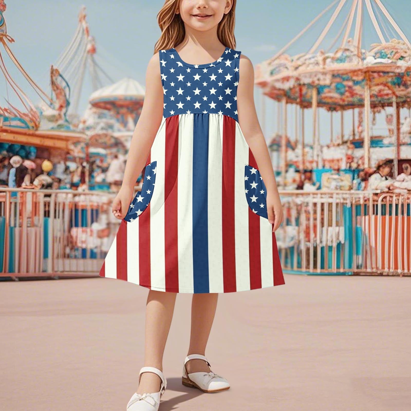 MKOSPLRT Red White Blue Girls' Party Dress 6-15 Years Sleeveless Crewneck A  Line Midi Dress Stars Striped Graphic Beach Dress with Pocket - Walmart.com