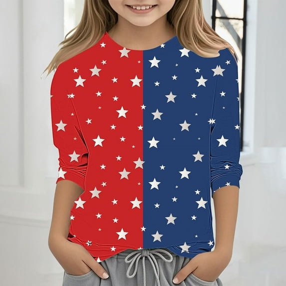 MKOSPLRT Red White and Blue Shirts Boys Girls 3-12 Years 3/4 Sleeve Color Block Tshirts Crew Neck Stars Striped Shirts 4th of July Tees