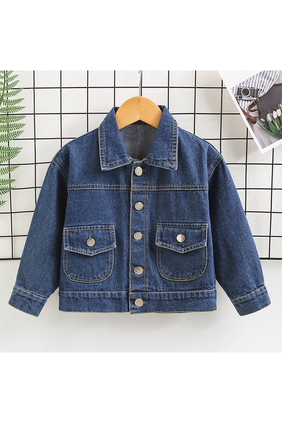 Retro Denim Coats for Girl Distressed Denim Jacket Lapel Collar Button Down Long Sleeve Jean Coats with Pocket 1-8Y