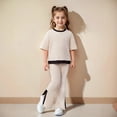 thumbnail image 1 of MKOSPLRT Ribbed Knit Sets Two Piece for Little Girl 3-10 Years Short Sleeve Tops Slim Fit Flare Pants Color Block Lounge Sets Summer Sale, 1 of 7