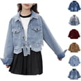 thumbnail image 1 of MKOSPLRT Ripped Cropped Denim Jacket Girls 1-12Y Irregular Hem Button Down Denim Coats Lapel Collar Long Sleeve Jean Jacket with Pocket, 1 of 10