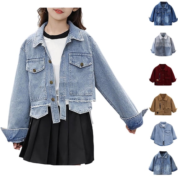 MKOSPLRT Ripped Cropped Denim Jacket Girls 1-12Y Irregular Hem Button Down Denim Coats Lapel Collar Long Sleeve Jean Jacket with Pocket