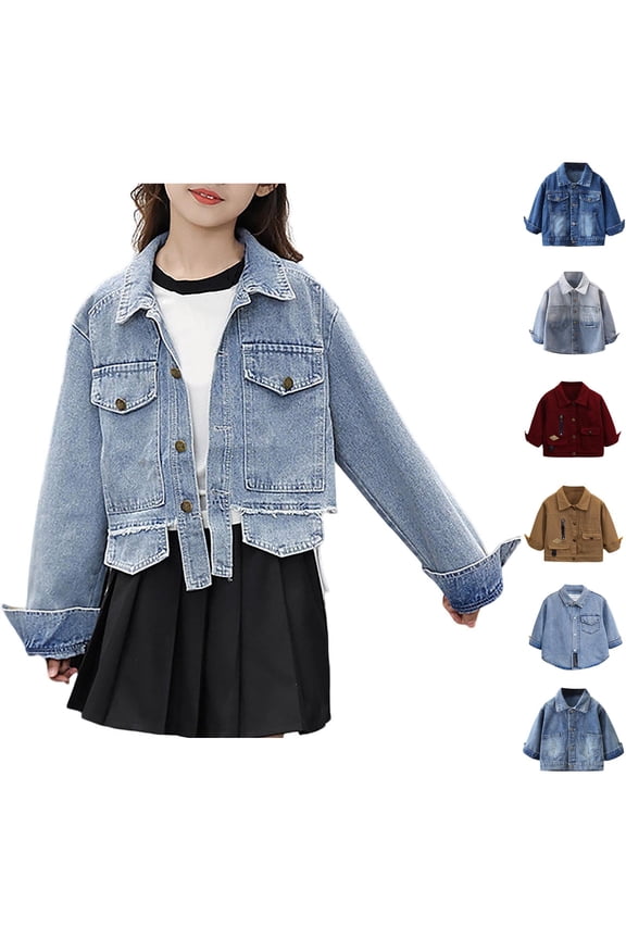 Ripped Cropped Denim Jacket Girls 1-12Y Irregular Hem Button Down Denim Coats Lapel Collar Long Sleeve Jean Jacket with Pocket