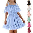 thumbnail image 1 of MKOSPLRT Ruffle Dresses for Girl Sleeveless Cold Shoulder Swing A Line Dress Solid Casual Beach Party Dress Flowy Wedding Mini Dress, 1 of 7