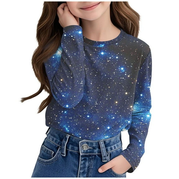 MKOSPLRT Saprkly Tops for Girl Long Sleeve Glitter Shirts Crwe Neck Loose Fit T Shirts Trendy 3D Sparkly Blouses Lightweight Tees 3-14 Years