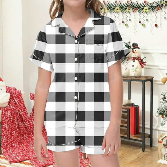 MKOSPLRT Satin Nightwear for Kid Girl Boy 2-12Years Short Sleeve Plaid Pajamas 2 Piece Button Down Shirts Wide Leg Shorts Color Block Pjs Sets