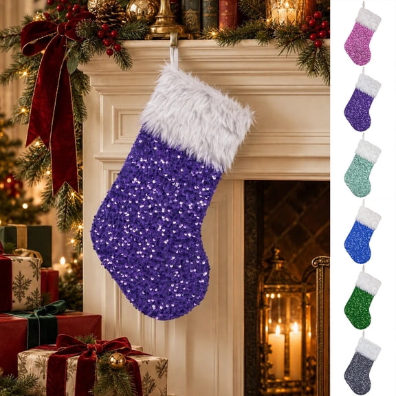 MKOSPLRT Sequin Christmas Stocking, Purple Sequined Xmas Stocking with Faux Fur Trim and Hanging Cord, Holiday Gift Bag for Fireplace Mantel, Tree and Home Decor