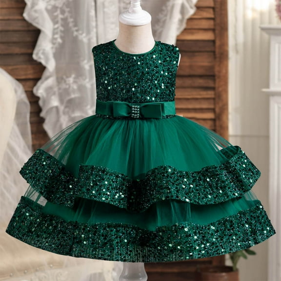 MKOSPLRT Sequined Ball Gowns for Toddler Girl 6M-5Y Sleeveless Bow Tiered Dress Sparkly Brithday Party Tutu Dress Swing Flowy Mesh Dress