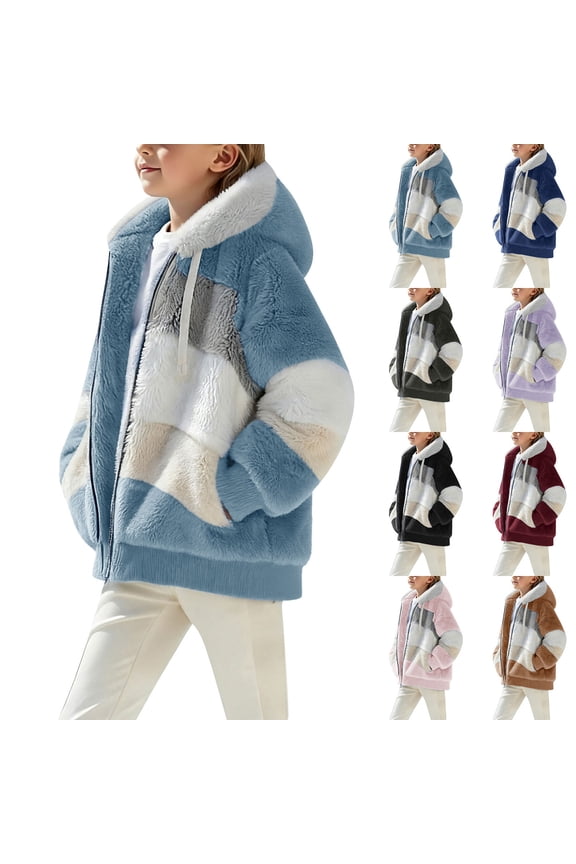 Sherpa Fleece Jacket for Girl Boy 5-14Y Hooded Zip Up Fuzzy Jackets Warm Oversized Winter Coats Outerwear with Pocket