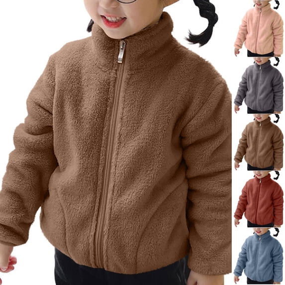 MKOSPLRT Sherpa Jacket for Girl Boy 2-11Y Full Zip Stand Collar Warm Winter Coats Long Sleeve Solid Fuzzy Fleece Outwear with Pocket