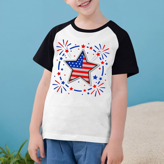 MKOSPLRT Shirts for Kid Red White and Blue Shirts 3-14 Years Short Sleeve Raglan Shirts Crew Neck Independence Day Tshrits Kids Clothes