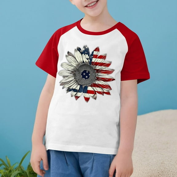 MKOSPLRT Shirts for Kid Red White and Blue Shirts Sunflower American Flag T Shirts Crew Neck Short Sleeve Raglan Shirts Kids Clothes
