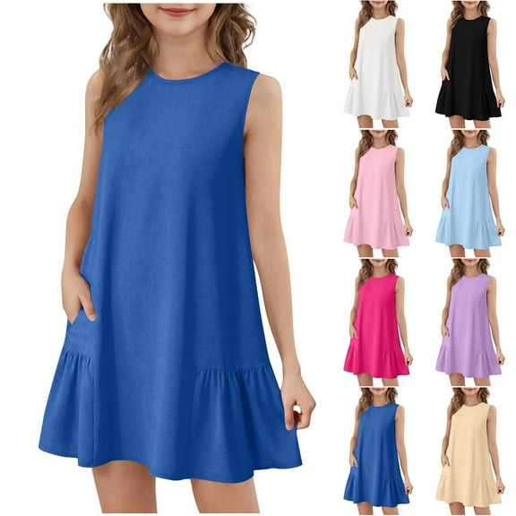 MKOSPLRT Sleeveless Dresses for Girls 5-15Y Crew Neck Ruffle Hem Tiered Dresses Solid Casual Beach Sundress Summer Tank Dress with Pockets