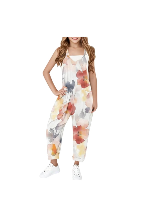 Sleeveless Jumpsuits for Girl V Neck Casual Harem Long Overalls Vintage Floral Print Jumpsuits Loose Fit Jumpers with Pocket