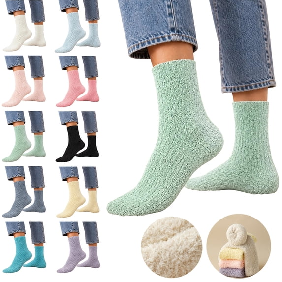 MKOSPLRT Soft Flannel Fleece Winter Floor Socks for Women Mint Green Thick Warm Mid‑Calf Sleeping Socks Comfortable Fluffy House Socks Home Casual Daily Wearing
