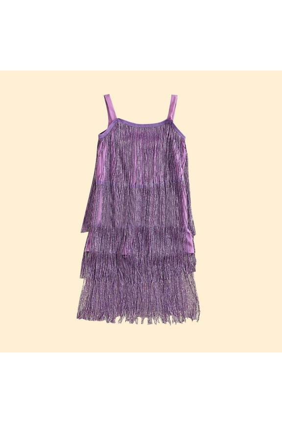 Sparkly Fringe Dresses for Girl Tassel Spaghetti Strap Dance Dress Samba Rumba Party Cha Cha Dance Mini Dresses for 18M-12Y