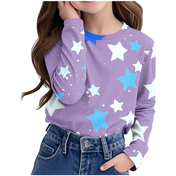 MKOSPLRT Sparkly Stars Tops for Girl Long Sleeve Graphic T Shirts Round Neck Color Block Shirts Casual Loose Blouses 3-14 Years