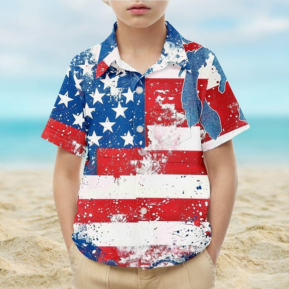 MKOSPLRT Stars Stripes Kids Shirts Short Sleeve American Flag Shirts Casual Button Down Shirts Trendy Independence Day Party Shirts