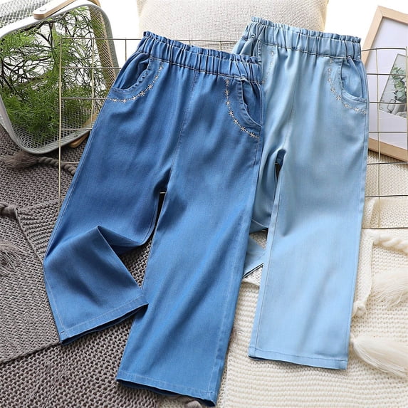 MKOSPLRT Straight Leg Jeans for Girl 5-12 Years Elastic Waist Baggy Wide Leg Denim Pants Solid Color Wash Jeans Retro Summer Jeans with Pocket